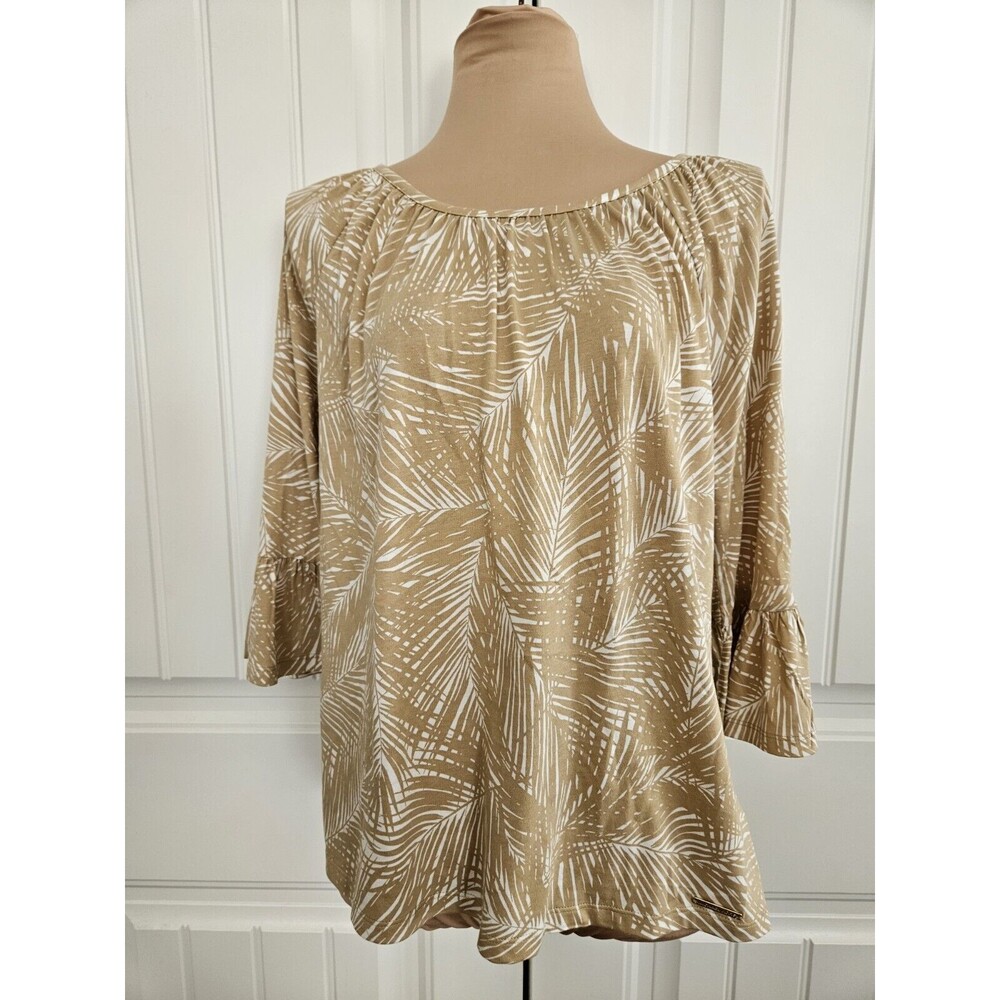 Michael Kors White And Tan Palm Print Top With Flared 3/4 Sleeves Size M